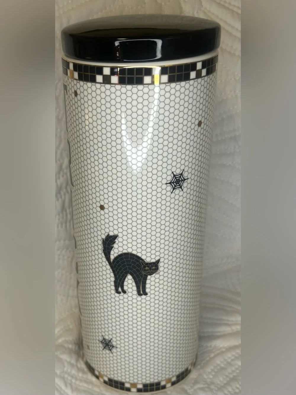 🖤 👻 🎃 New Anthropologie Bistro Tile Halloween Tricks Canister White 🖤 👻 🎃